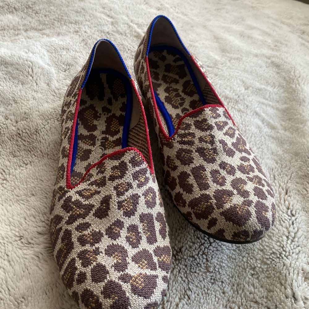 Rothy's Mocha Spot Pattern Flats with Red and Blue Accents - Picture 2 of 8
